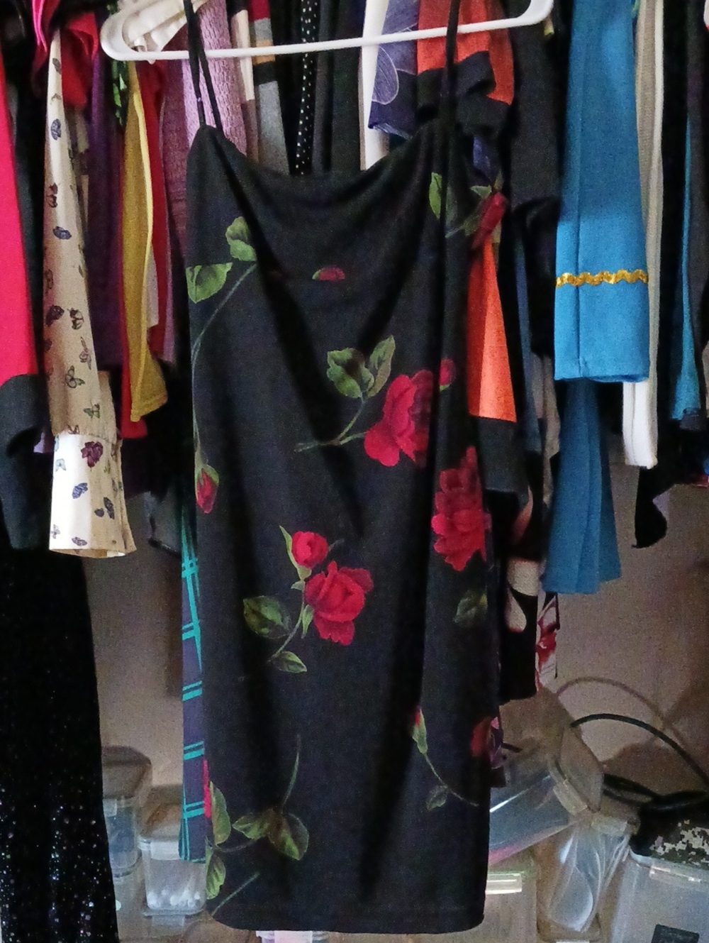 Black Floral Slip Dress with Red Rose Print